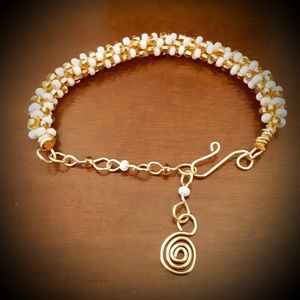 White and Gold Kumihimo Bracelet Adjustable Bead